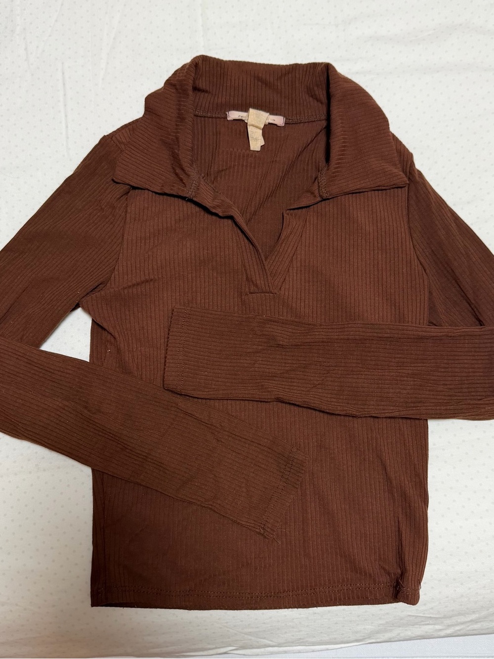 Caution To The Wind Brown Ribbed Long Sleeve Polo Top